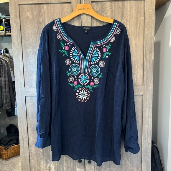 Talbots Woman 1X Embroidered Tunic Lightweight Top Long Roll Tab Sleeves - Picture 1 of 12